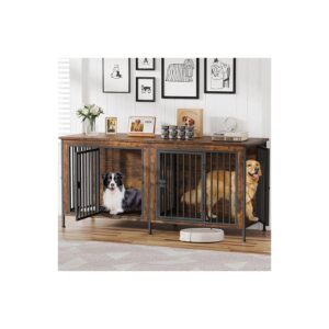 Extra Large Wooden Dog Crate Furniture for Two Large Breed Dogs with Divider and TV Stand