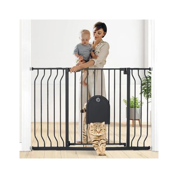 Extra Wide Metal Baby Gate with Pet Door and Cat Door for Easy Walk Through