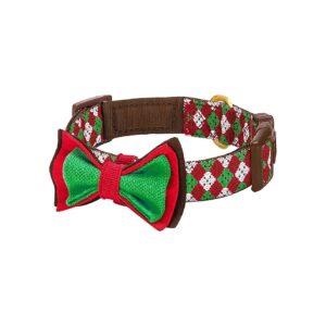 Fair Isle Pattern Dog Collar with Adjustable Neck 5-20 and Detachable Bow Tie Medium