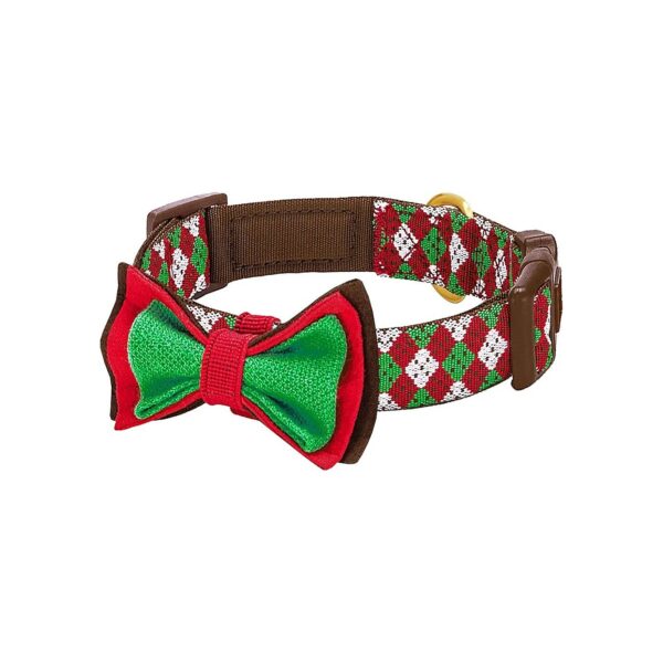 Fair Isle Pattern Dog Collar with Adjustable Neck 5-20 and Detachable Bow Tie Medium