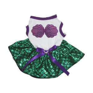 Fantasy-Inspired Medium Dog Dress with Purple Shell White Shirt and Green Mermaid Tutu