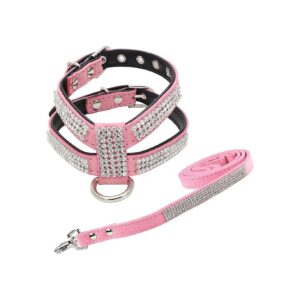 Fashion Pink S Suede Dog Harness with Diamantes and Leash Set for Small Dog Breed