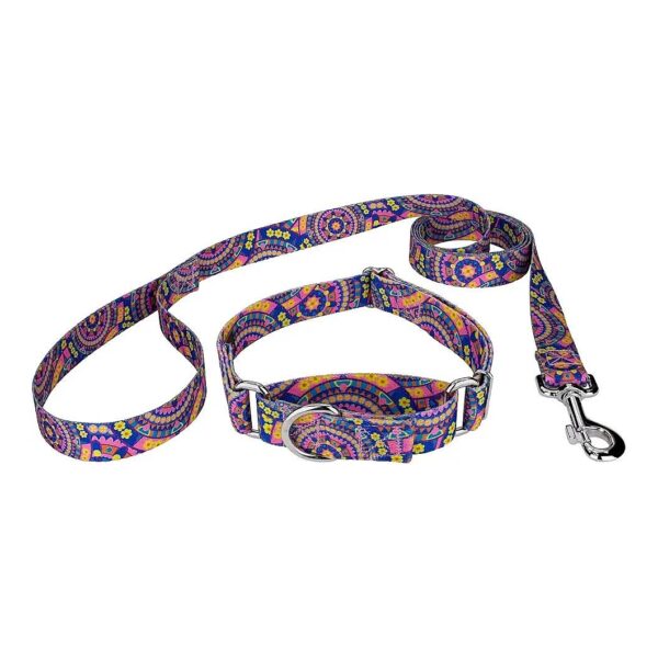 Fashionable 1-Inch Dog Collar and Leash in Blue Boho Mandala Pattern - Medium Length