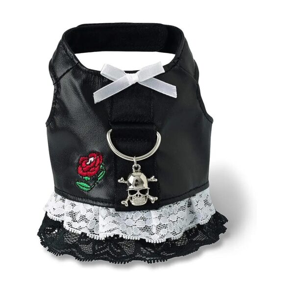 Fashionable Black Dog Harness with Rose Embroidery and Skull Charm for Small Breed Dogs