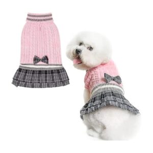 Fashionable Dog Sweater Dress for Small Medium Dogs with Plaid Pattern and Leash Hole