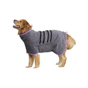 Fast-Drying Grey Dog Drying Coat with Adjustable Collar and Belly Strap for Large Dogs