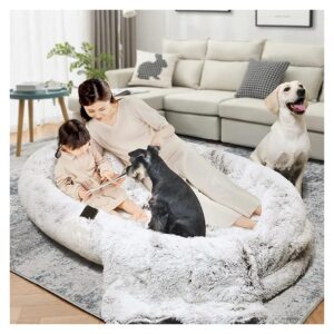 Faux Fur Human Dog Bed for Giant Breeds with Supportive Pillows and Blankets