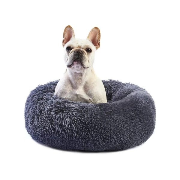 Faux Fur Plush Dog Cat Cushion Bed with Anti-Anxiety Donut Design for Small Medium Breeds