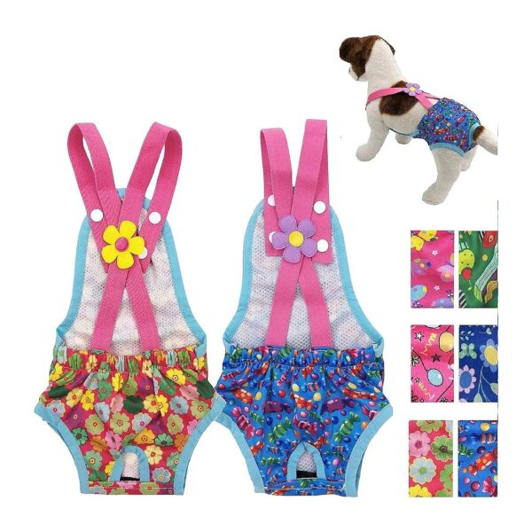 Female Dog Diapers for Small Pets Pink Flowers and Blue Candies Reusable with Suspenders