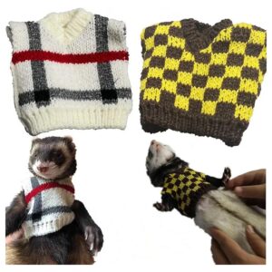 Ferret Knitted Sweater for Small Animals White Stripes Yellow Grid 2 Pcs Winter Wear