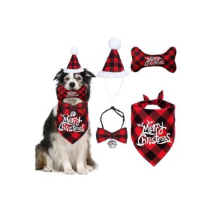 Festive Christmas Dog Bandanas and Hats with Adjustable Bow Tie and Squeaky Bone Toy