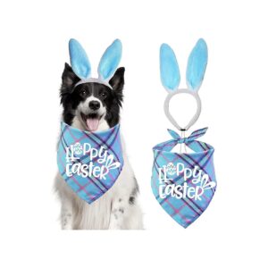 Festive Easter Plaid Dog Bandana with Easter Bunny Headband for Small Medium Large Dogs