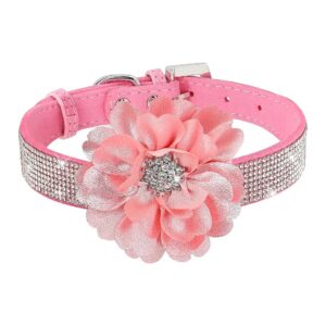 Flame Flower Patterned Soft Suede Dog Collar in Pink with Adjustable Buckle