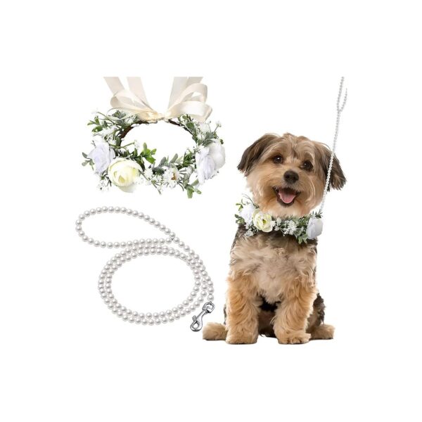 Floral Dog Leash and Collar Set Pearls Adjustable 120 cm for Small Dogs Wedding