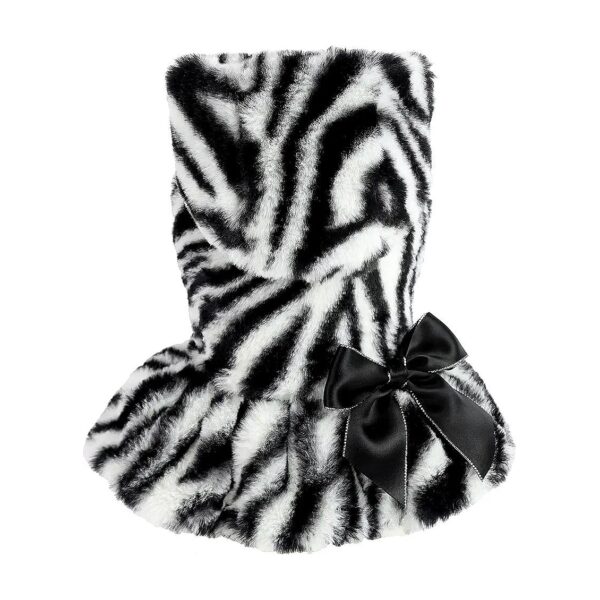 Fluffy Faux Fur Zebra Dog Dress with Bowknot for Small Breeds