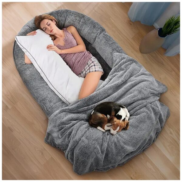 Fluffy Giant Beanbag Human Dog Bed with Full Body Pillow and Blanket