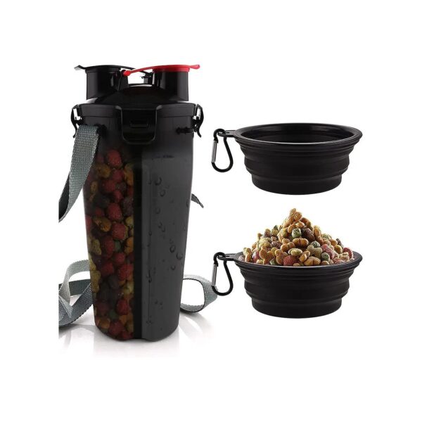 Foldable 2-in-1 Pet Water and Food Bottle with 2 Bowls for Travel and Storage Convenience