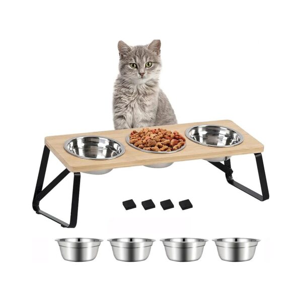 Foldable Cat Bowls with Non-Slip Pads and Four Stainless Steel Bowls for Small Pets