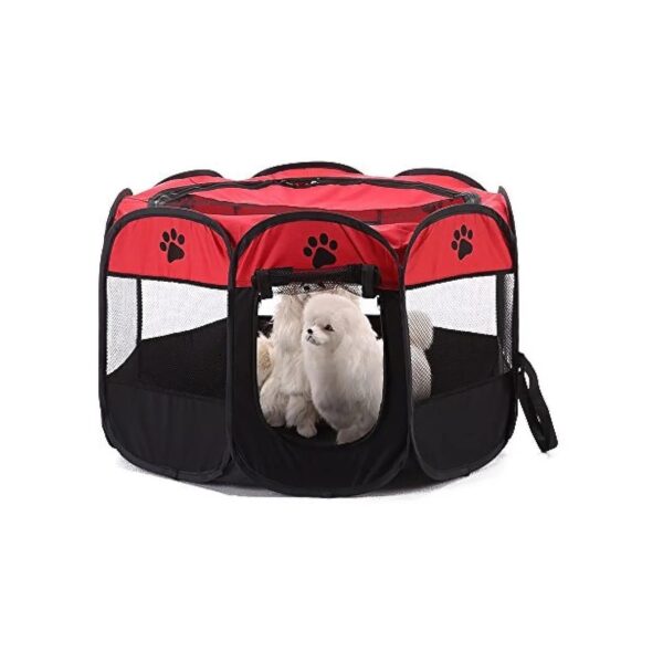 Foldable Pet Playpen with Mesh Shade Cover and Breathing Ventilation System Red Color