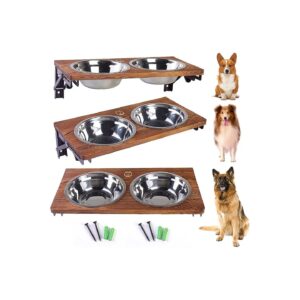 Foldable Pine Wood Dog Bowl Stand with Stainless Steel Bowls for Raised Feeding