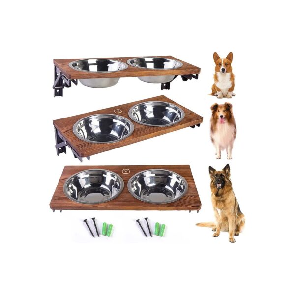 Foldable Pine Wood Dog Bowl Stand with Stainless Steel Bowls for Raised Feeding