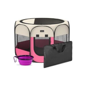 Foldable and Portable Pet Playpen with Water Resistant Shade Cover and Collapsible Bowl