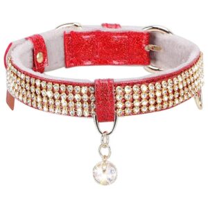 For Cats and Small Dogs Bling Rhinestones Pendant Adjustable Leather Collar Size XS Red