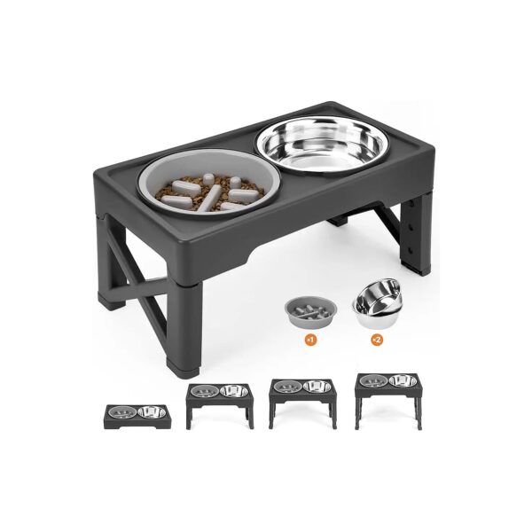 Four Height Adjustable Raised Dog Food and Water Bowls Stand with Stainless Steel Bowls