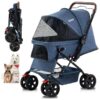 Four Wheels Pet Stroller for Small Medium Dogs Cats with Weather Cover and Storage Basket