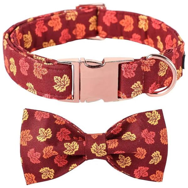 Friendly Cotton Dog Collar with Hand-Sewn Sailor Bow Tie Autumn Leaves Pattern Design