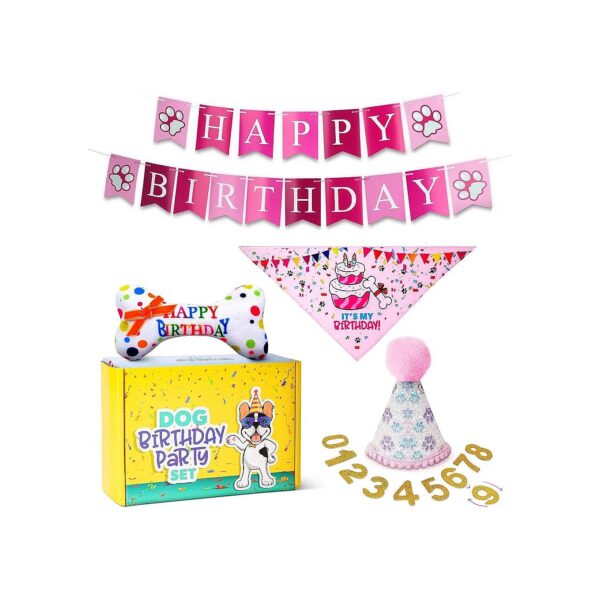 Friendly Dog Birthday Decorations with Numbered Hat, Interactive Toy, and Banner