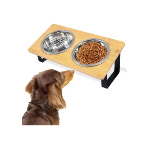 Friendly Stand-Up Bamboo Table with Metal Elevated Dog Bowls for Small to Medium Breeds