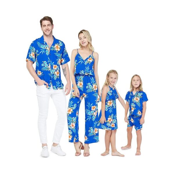 Full Family Matching Outfit Sets with Hawaiian Print in Hibiscus Blue