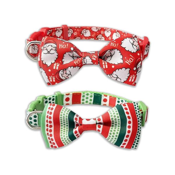 Fun Holiday Dog Gift Set, 2 Pack Adjustable Collars with Santa and Dots Bow Tie Design