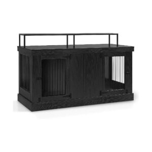 Functional Wooden Dog Crate TV Stand End Table with Two Rooms and Curved Edges