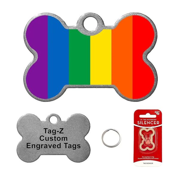 Gay Pride Flag Dog Tags with Personalized Message and Stainless Steel Bone Shape