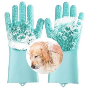 Gentle Pet Grooming Gloves for Dogs and Cats with Silicone Tips and Removable Hair