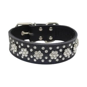 Genuine Leather Floral Bling Dog Collar for Medium Large Dogs Size Adjustable