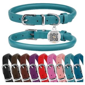 Genuine Smooth Leather Dog Collar with QR ID Tag 9-11 Inch XS for Small Medium Large Dogs