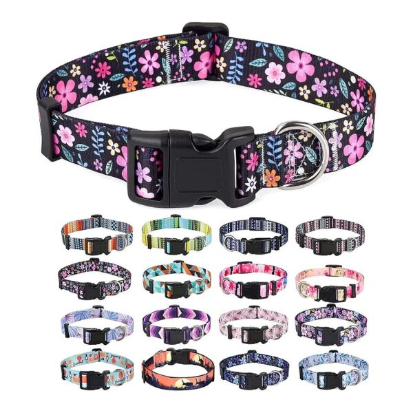 Geometric Floral Dog Collar with Soft Comfortable Polyester Material and Metal D-Rings