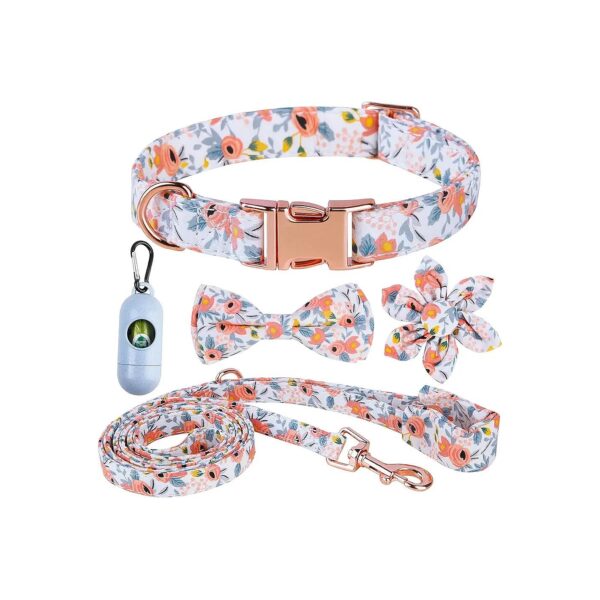 Girl Dog Collar with Adjustable Buckle and Removable Orange Flower with Matched Leash