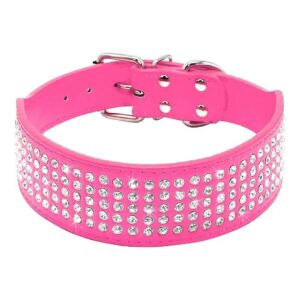 Glittering Pink Dog Collar with PU Leather and 5 Rows of Rhinestones