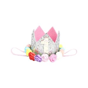 Glittering Silver and Pink Floral Dog Birthday Crown for 1/2 to 2 Year Old Dogs