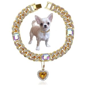 Gold Cat Collar with Handmade Iced Heart Pendant and Cuban Link Chain Puppy