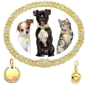 Gold Chain Dog Collar with Cuban Link and CZ Diamonds for Small to Large Sized Dogs