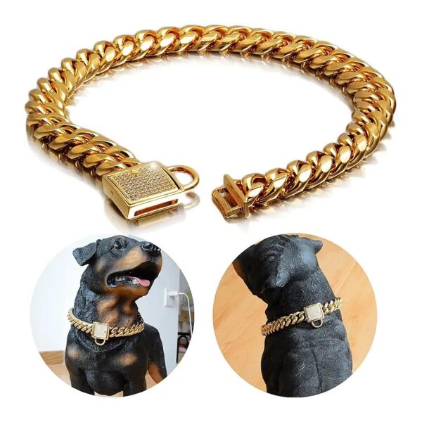 Gold Cuban Link Chain Dog Collar with Zirconia Lock for Small Medium Large Dogs