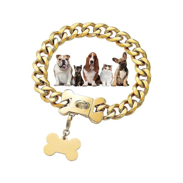 Gold Cuban Link Dog Collar for Small Pitbull 15mm 18K Gold Chain with Secure Snap Buckle