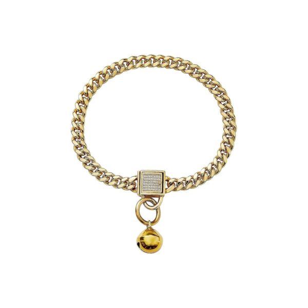 Gold Dog Chain Collar with Bell and Cubic Zirconia Buck