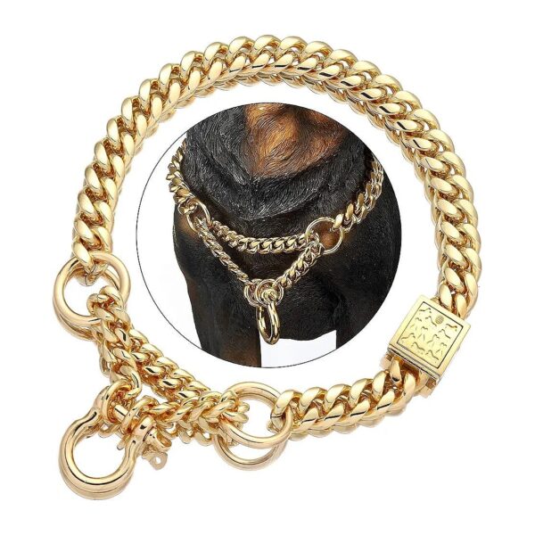 Gold Dog Walking Collar with 15MM Width Cuban Link Chain and Strong Adjustable Buckle