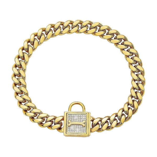 Gold Plated Cuban Link Dog Collar with Zirconia Locking Clasp and 12MM Wide Chain